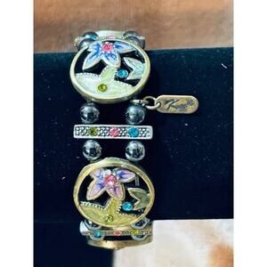 Vintage Enameled & Simulated Gemstones Brass Bead Stretch Bracelet by KM